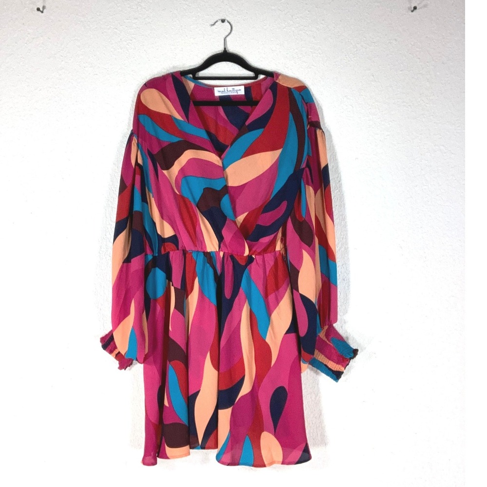 Mod Boutique Multicolor Abstract Swirl Mini Dress - M - Retro Balloon Sleeve